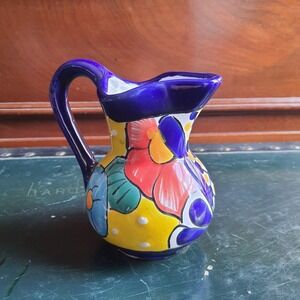 Vintage Colorful Talavera Pottery Pitcher Creamer Made In Mexico 5in. Lead Free